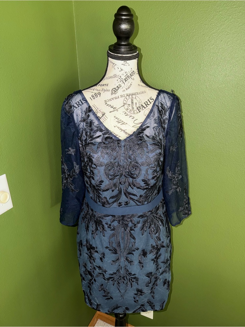 JJs House Navy Blue Embroidered Lace Sheath Dress with Sheer Sleeves